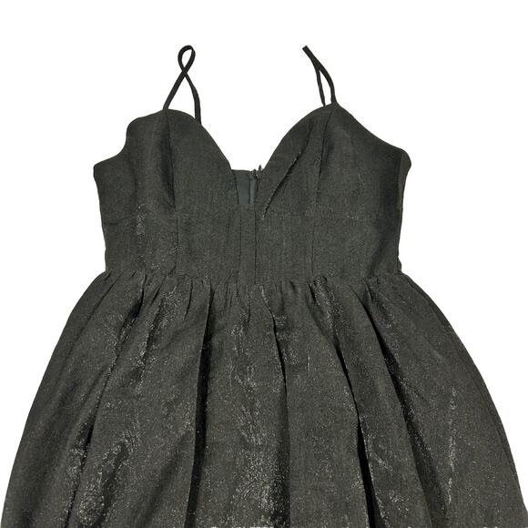 STORIA Women’s Sz S Black Jacquard Mini Dress Spaghetti Strap Bubble Hem Shimmer - Picture 3 of 15